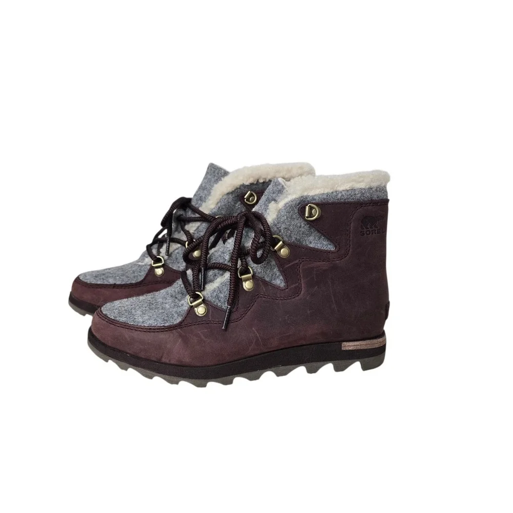 Sorel Ainsley Conquest Burgundy Leather Felt Shearling Boots Womens Size 8 Gorp